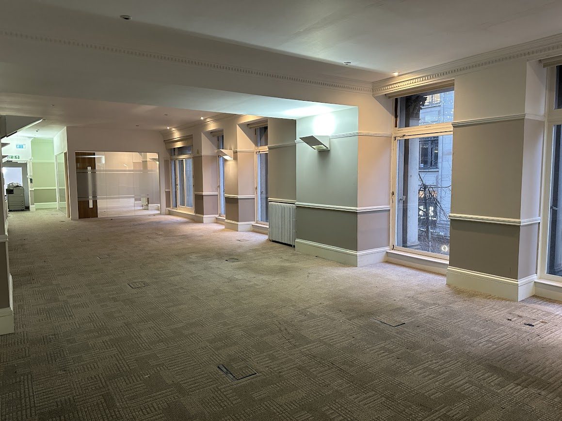 Office floor in a Glasgow city centre building cleared back to the carpet after a Jettison office clearance